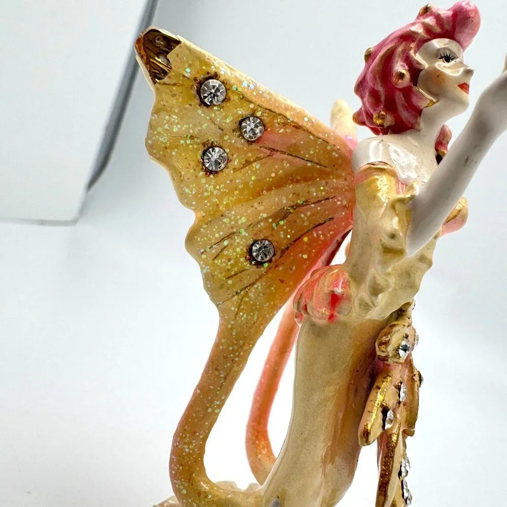 Flamingo Fairy Trinket Box Yellow Wings  Rhinestone Accents Enamel Metal #2